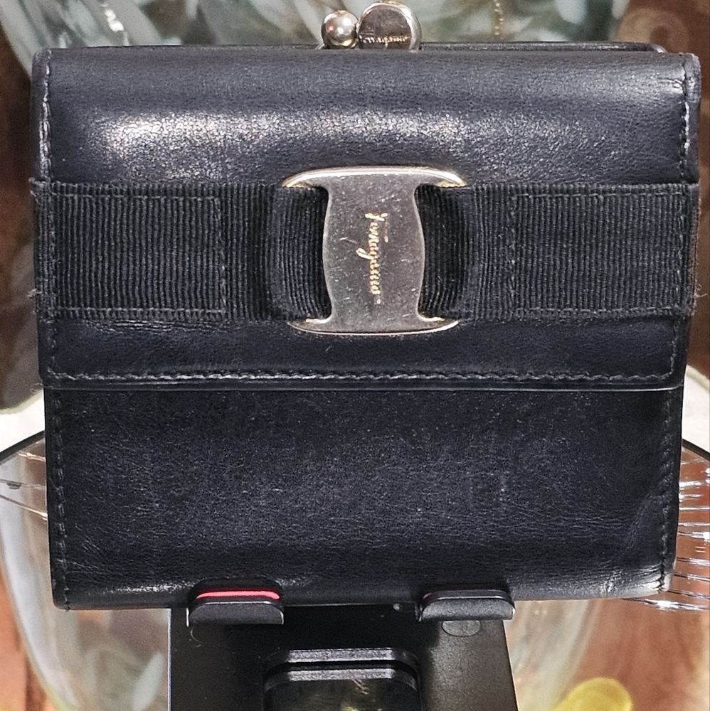 Salvatore Ferragamo Vintage Black Leather Trifold Wallet